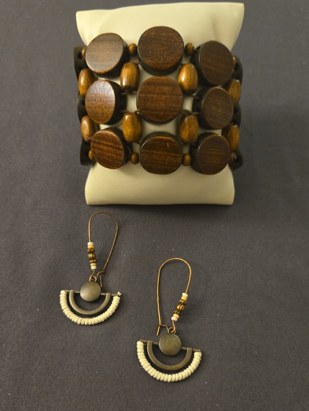 Handcrafted Brown Wooden Beaded Bracelet and Earrings Set